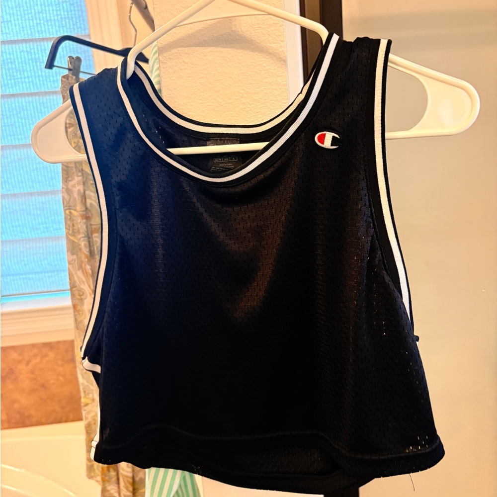 Champion Black Mesh Cropped Tank Top with White Trim